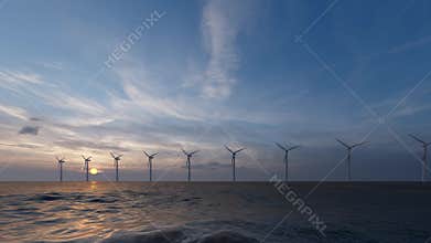 Aerial view. Power energy. Alternative clean energy. Power electricity industry on sea. Aerial view. Green farm.