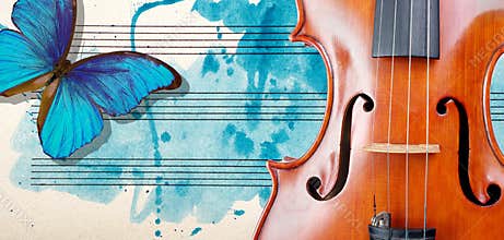 Butterfly, violin and notes. Blue morpho butterfly and violin. Melody concept. Photo of old music sheet in blue watercolor paint.
