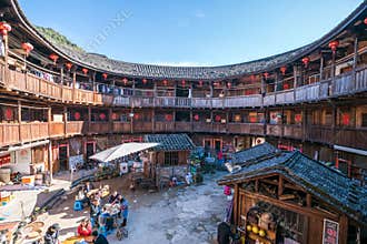 Traditional Chinese earth buildings of Hakka, the interior fo famous Nanjing Earth Building in Fujian Provence, China