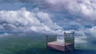 Bed in fantasy landscape