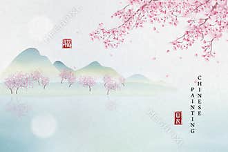 Chinese ink painting art background plant elegant landscape view of flower tree mountain and tranquil lake. Chinese translation :