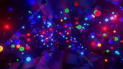 3D abstract creative animation background with neon glow multi-colored spheres inside camera, reflecting walls. Luminous