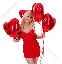 Blonde young woman with balloons for Valentines day