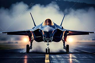 futuristic f35 with blue ion propulsion engines taking off on a runway aigenerated