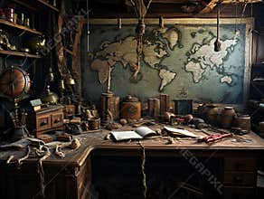 An old pirate\'s lair where we see an old sea map on the wall and equipment for adventurers