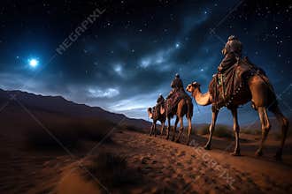 Three Wise Men, Three Kings follow Bethlehem star in the night