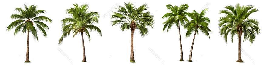 A set of coconut palm images cut out on a transparent background. Close-up of exotic trees in PNG format, side view