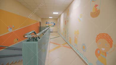Corridor with cute pictures for children in kindergarten