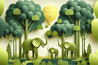 Illustration of elephants in green trees forest,Creative Origami design world environment