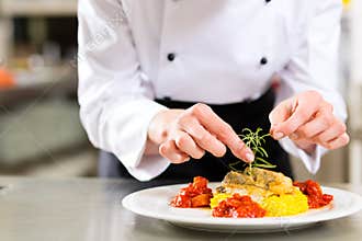 Female Chef in restaurant kitchen cooking