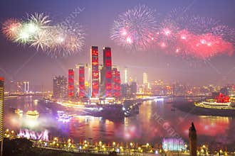 Chongqing skyline and Chinese New Year fireworks, China