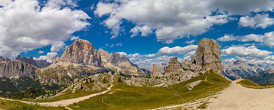 Dolomites mountains Cinque Torri panoramic landscape