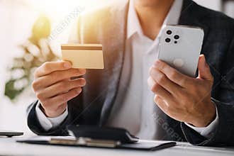 Close up of woman hand using credit card and laptop for payment and online shopping, Online shopping, payments digital banking, E-