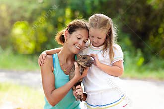 Kids and farm animals. Child with baby pig at zoo