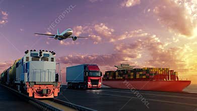 Transportation worldwide by ship, plane, train and truck. Concept of logistics.