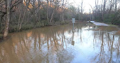 Medium shot flood waters from creek swamp Georgia green space