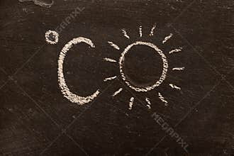 Chalk drawing on blackboard, Celsius and sun icon.