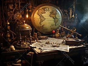 On an old wooden table is a nautical scene with a globe, sextant and other nautical objects.