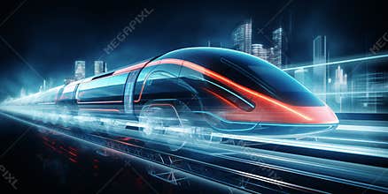 A futuristic high-speed train travels through the city at high speed.