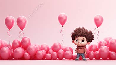A little boy is standing in front of pink balloons, AI