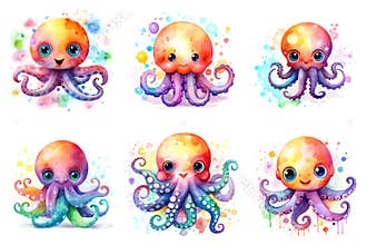A set of six watercolor octopus illustrations, watercolor clipart on white background.