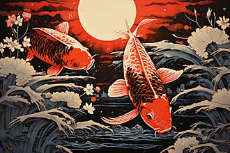 Art of life koi fish in nature, block print style ai generate