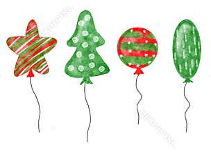 Watercolor hand drawn illustration of green red christmas hot air balloons. Design clipart for party celebration festive