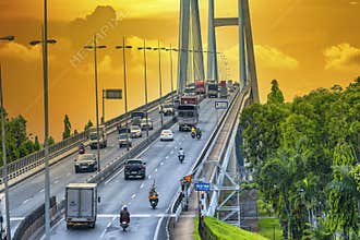 My Thuan bridge, Vinh Long city, Vietnam, sunset sky.