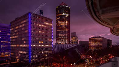 Panorama of the La Part-Dieu district in Lyon at dusk