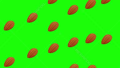 Projection of Almond Nuts Scattered on Bright Green Background for Agricultural, Food Industry