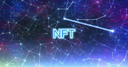 3D Animation of NFT non fungible token with red and blue glowing lights dark blue technology background. Cryptocurrency
