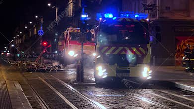 Bordeaux, France - April 17, 2023: Fire burning in the middle of a street of Bordeaux, France during a protest againt