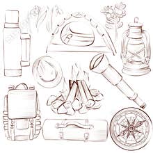 Camping clipart drawing. Tent, backpack, bicycle, chair, umbrella, fishing rod, sleeping bag, compass. Summer
