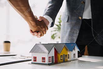 Real estate broker agent presenting and consult to customer to decision making sign insurance form agreement, buy and sell home