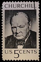 1965 U.S. stamp honoring Winston Churchill, featuring a monochrome portrait of the statesman.