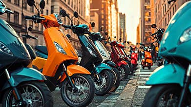 A vibrant row of neatly parked electric scooters and bicycles in a modern cityscape. digital
