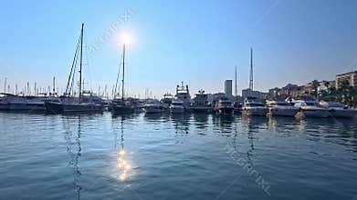Panoramic video of Alicante marina skyline along Spain Costa Blanca