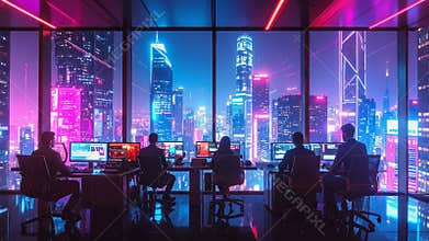 Programmers working in modern office overlooking futuristic skyline.