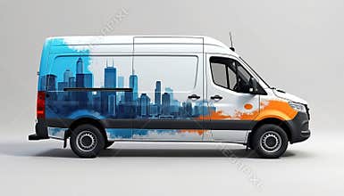 Dynamic vehicle wrap mockup featuring vibrant city skyline design. Branded van promotional advertising for business transport,