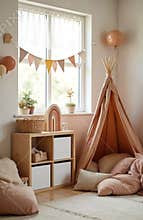 Cozy Scandinavian kids room with soft pastel colors. Decorated play tent, wooden shelf, rainbow decor, balloons, decorative