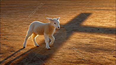 Lamb standing near cross shadow Love during golden sunset, symbolizing religious sacrifice and redemption of easter 4k tradition