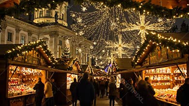 People Shopping at Christmas Market in Festive Night Setting with Bright Lights and Holiday Decorations