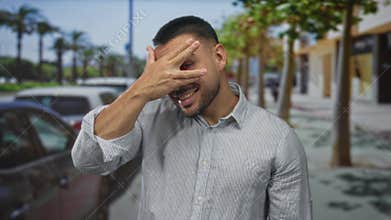 Man smiles and covers eyes with hand on street lined with parked cars and palm trees; embarrassment