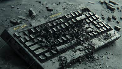 Destroyed keyboard covered in ashes and debris symbolizing cyber warfare