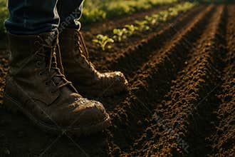 Farmer wearing rugged boots standing on freshly plowed soil rows at sunrise in a vegetable field, early growth visible, AI