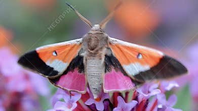 Beautiful Pink and Orange Moth on Purple Flower