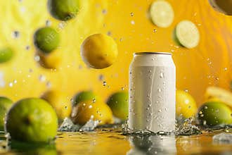 Soda drink can 330ml floating, lemons and limes in the air scattered, vibrant background of yellow and lime green color