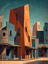 Angular Wooden Cityscape in Sun-Baked Terracotta and Teal