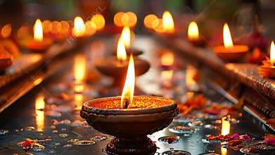 Festival of lights diwali celebration with traditional lamps illuminating a beautiful temple setting at night