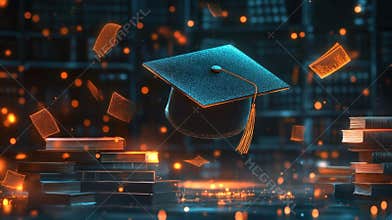 Graduation cap floating above books in futuristic library celebrating academic achievement